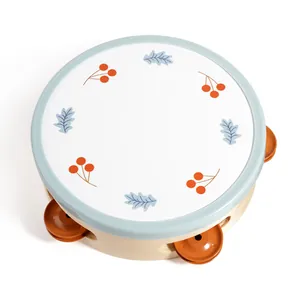 Minimalist wooden Orff tambourine toy for babies with blue rim and leaf pattern