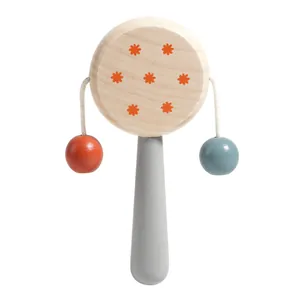 Wooden baby pellet drum toy with floral pattern for early musical education