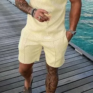 Men's summer casual shorts with 3D geometric pattern on textured fabric
