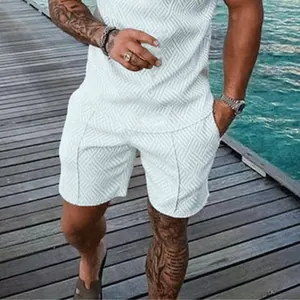 Men Summer Casual Outfit Top And Pants 3D Geometric Texture Beach Vacation Wear Lightweight Breathable Knitting T-Shirt And Shorts