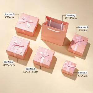 Detailed comparison of various pink bowknot gift boxes and matching shopping bag sizes