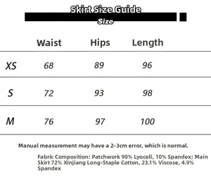 Comprehensive size guide and material composition for retro patchwork knit maxi skirt