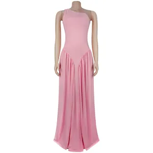 Details of pink one-shoulder dress with gathered waist and flowing floor-length skirt