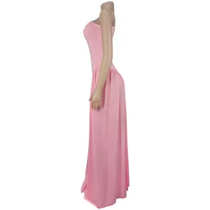 Side view of elegant pink strapless maxi dress showing slim fit and floor length