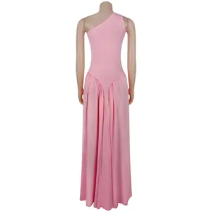 Back view of a pink one-shoulder maxi dress with slim fit and elegant draping