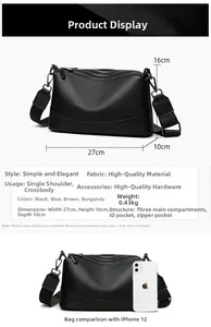 Dimensiones detalladas del bolso bandolera de cuero negro con comparación iPhone 12