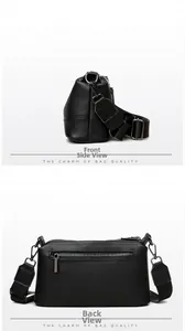 Bolso bandolera de cuero negro con bolsillo trasero y vistas detalladas de perfil