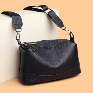 Women Genuine Leather Shoulder Crossbody Bag Triple Zipper Multi Pocket Large Capacity Lychee Texture Casual Fashion Tote