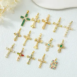 Vintage 18K Gold Plated Copper Cross Pendant With Colorful Cubic Zirconia Religious Jewelry Charm For Necklace Women Men