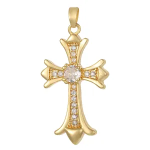 Vintage gold-plated cross necklace pendant inlaid with sparkling white zirconia stones