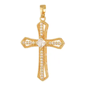 Vintage gold-plated copper cross pendant necklace with sparkling cubic zirconia stones