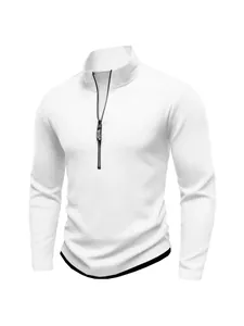 Close-up detail of white ribbed knit men's sweater with a half-zipper stand-up collar