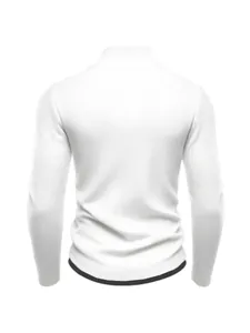 Back view of white ribbed knit sweater featuring vertical texture and mock neck