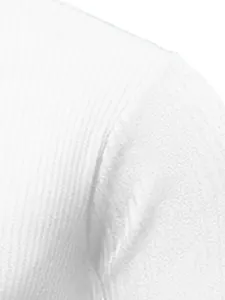 Macro detail of the white ribbed knit fabric texture on a men's stand collar sweater