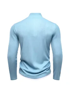 Detailed back view of a men's sky blue ribbed knit sweater with a half-zip mock neck