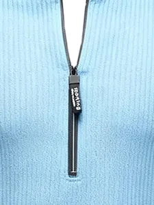 Close-up detail of the metal zipper and blue ribbed knit fabric on a men sweater