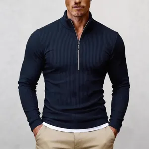 Men's Business Casual Ribbed Knit Sweater Half Zip Stand Collar Long Sleeve Pullover Slim Fit Layered Hem Top