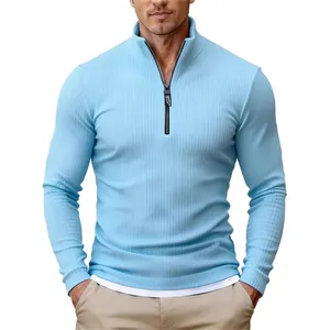 Stylish men's light blue ribbed knit sweater with half-zip and stand-up collar design