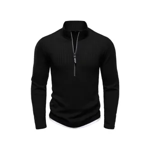 Men's black half-zip ribbed knit sweater featuring a minimalist stand collar design