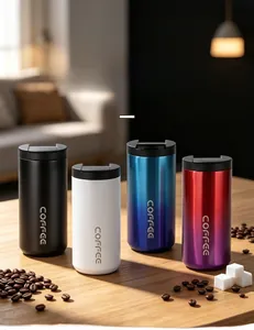 Detailed macro view showing portable stainless steel coffee mugs in various trendy colors