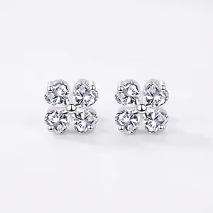 Four Leaf Clover Stud Earrings Sterling Silver Heart Shaped Zircon Flower Jewelry Women Elegant Minimalist Accessories