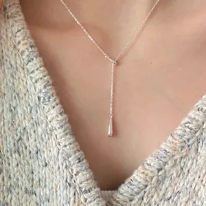 Minimalist S925 sterling silver Y-shaped tassel necklace with sleek teardrop pendant