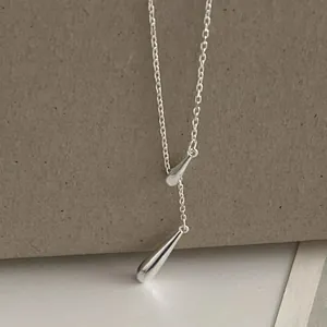 S925 sterling silver Y-shaped lariat necklace with minimalist teardrop pendants for women