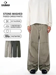 Men American Vintage Washed Cargo Pants 100% Cotton Heavyweight Loose Straight Leg Patchwork Workwear Trousers Casual Streetwear Pants