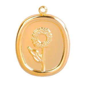 Vintage gold stainless steel sunflower oval pendant for DIY necklace and earrings