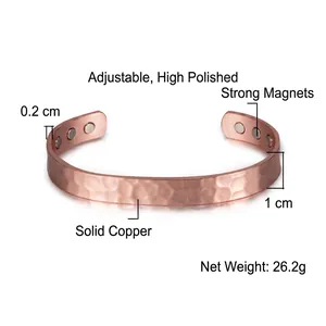 Adjustable hammered copper cuff bracelet with magnets, solid red copper design for unisex