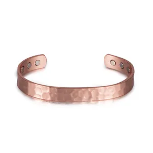 Adjustable pure copper magnetic cuff bracelet with elegant hammered texture finish