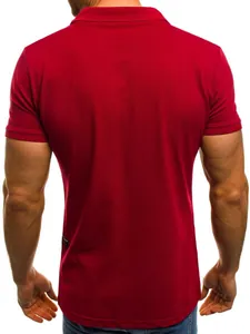 Back view of a classic red men's short-sleeved polo shirt showing fit and fabric texture