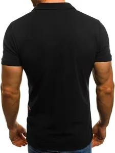 Back view of a classic black men's short-sleeved polo shirt with a stylish collar
