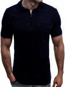 Detail of navy blue men's polo shirt featuring a modern zipper collar and chest pocket