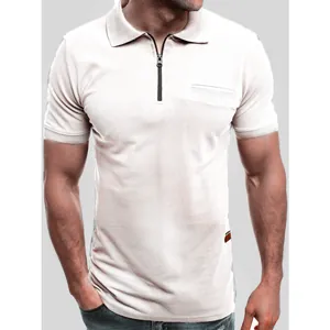 Detailed view of men's slim fit polo shirt featuring a modern black zipper neck