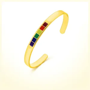 Stainless Steel Rainbow Enamel Cuff Bracelet C-Shaped Open Adjustable LGBTQ Pride Jewelry Simple Style For Unisex