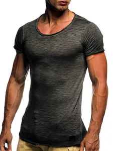 Detail of men's slim fit grey heathered t-shirt featuring a stylish raw edge neckline