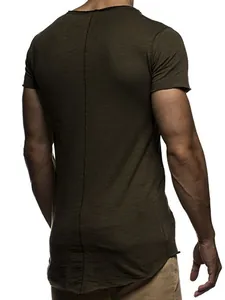 Back view of men's olive green T-shirt with vertical center seam and raw edges.