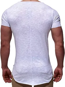 Detailed back view of men's white slim fit T-shirt with vertical seam and raw hemline
