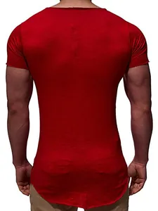 Back view of a slim fit red short-sleeved men's athletic T-shirt with a curved hem design