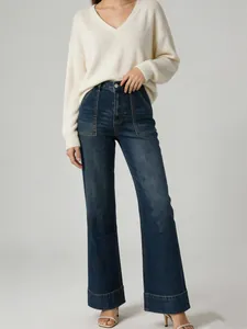 Elegant high-waisted wide-leg denim jeans for women in a premium dark wash finish