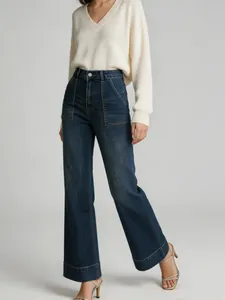 Stylish high waist wide leg denim jeans with dark wash and front patch pockets for women