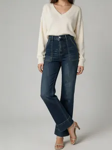 Women Wide Leg Jeans High Waist Denim Pants Washed Cuffed Casual Vintage Loose Fitting Trousers For Lady