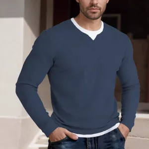 Men's waffle knit long sleeve T-shirt with a stylish faux two-piece double collar