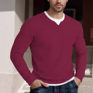 Men's maroon waffle knit long sleeve T-shirt featuring a fake two-piece layered design
