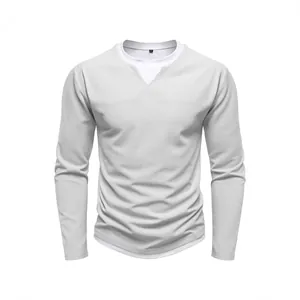 Premium men's waffle knit long sleeve T-shirt with fake two-piece double collar