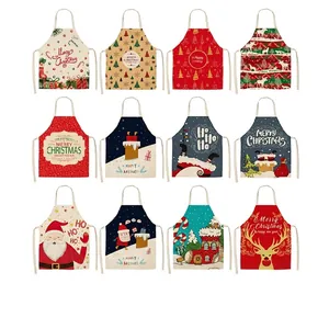 Christmas Apron Linen Cotton Blend Sleeveless Neck Strap Anti-Stain Holiday Party Kitchen Cooking Santa Reindeer Cartoon
