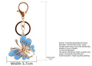 Detail view of blue enamel butterfly keychain with rhinestones and size dimensions