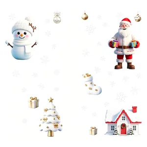 3D festive Christmas static window stickers set featuring Santa, snowman, and tree