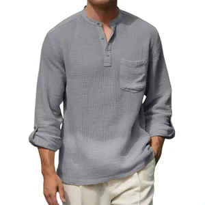 Casual men's grey cotton linen Henley shirt with long sleeves and front chest pocket
